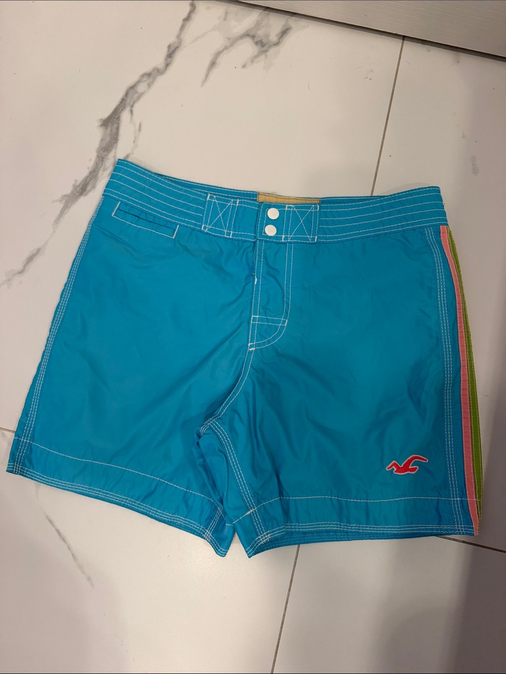 Hollister Blue Swim Shorts with Pink & Green Side Stripes